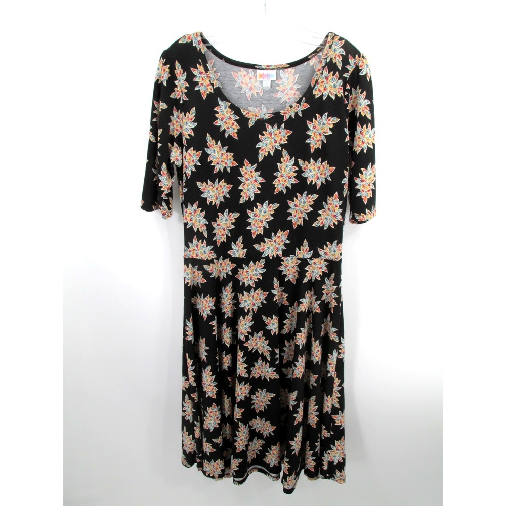 LuLaRoe Nicole Midi Dress Womens XL Black Floral Fit Flare Short Sleeve JC001-6